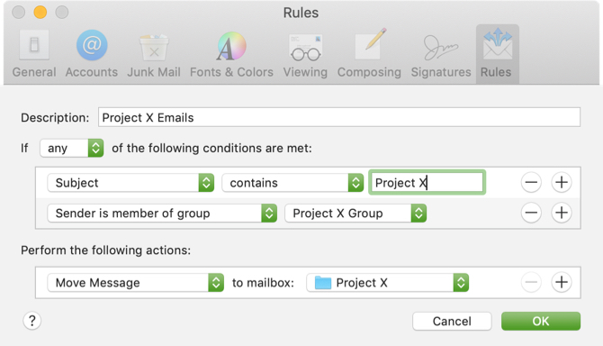 Teisaldage projekti e-kirju Mac Maili reegel