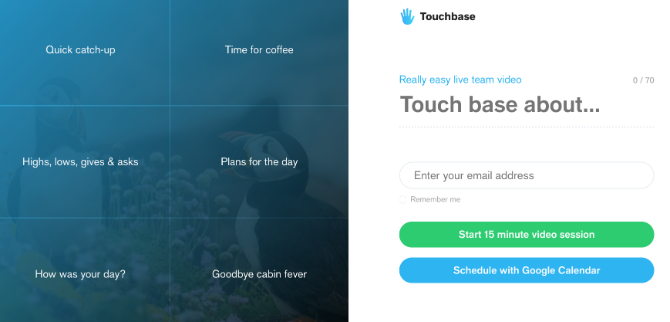 Touchbase sunnib meeskonnaliikmeid videokõnekoosolekuid teemakohaselt pidama ja kehtestab 15-minutise limiidi