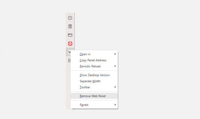 Ekraanipilt, mis näitab, kuidas vivaldis veebipaneele eemaldada