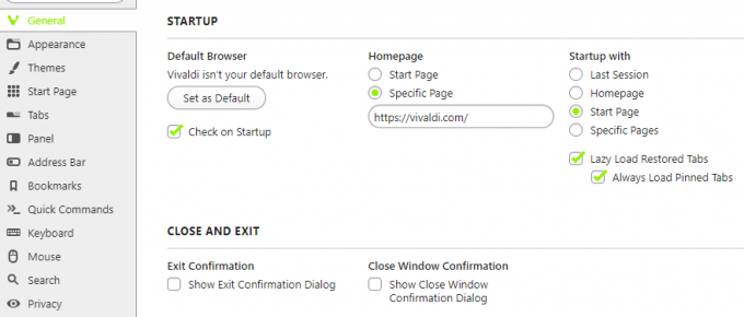 Ekraanipilt Vivaldi seadete lehe vahekaardilt Üldine
