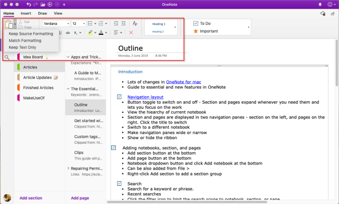 vormindamistööriistad OneNote Macis