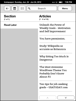 Kuidas salvestada veebiartikleid, et neid hiljem lugeda mitte tahvelarvutites Kindle Instapaper, siis lugege hiljem artiklite loendi vaade pöial