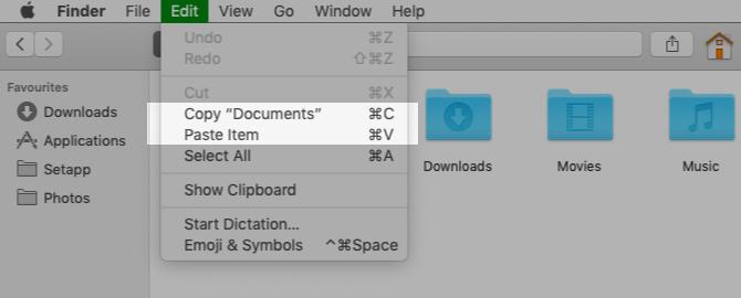 Kopeerige ja kleepige menüü suvandid Macis Finderis