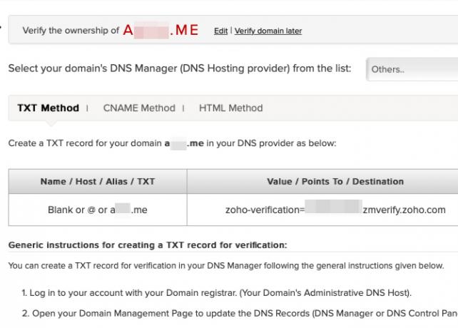 Zoho juhised domeeni kinnitamiseks