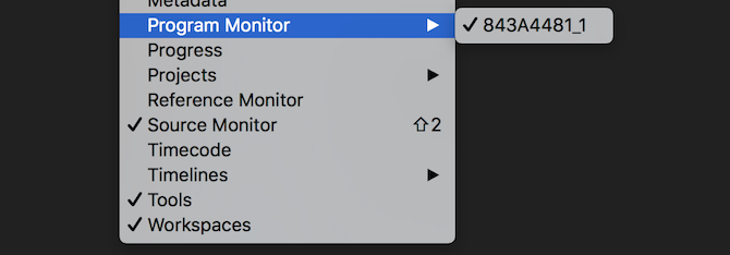 Premiere Pro programmi monitori menüüelemendid