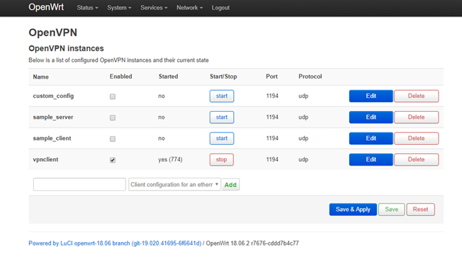 OpenWRT LuCI armatuurlaua OpenVPN menüü