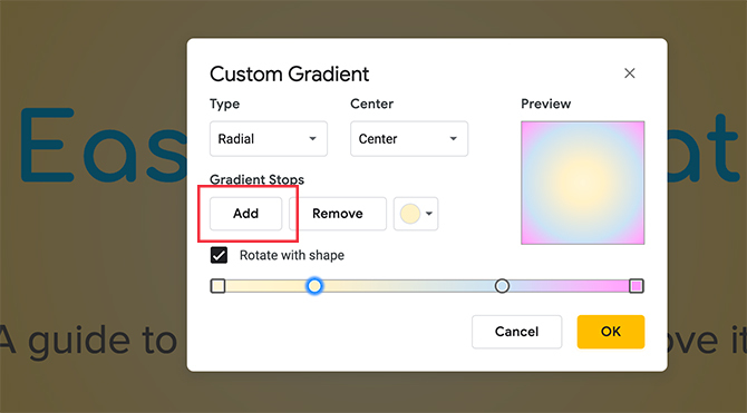 Kohandatud gradient Google'i slaidid teisaldab värvipeatuse