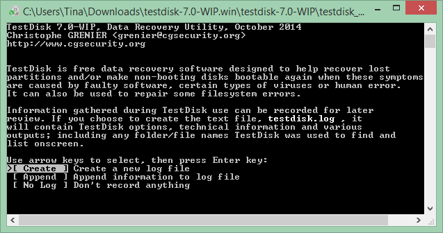 See on ühe parima Windowsi programmi TestDisk ekraanipilt