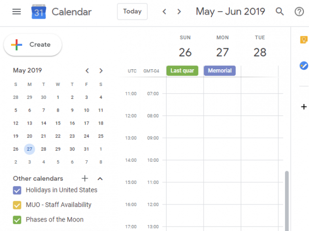 Google'i kalender faasid Kuu