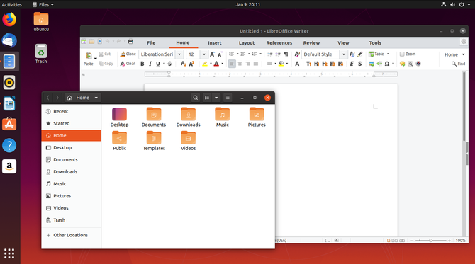 Ubuntu töölaud koos failihalduri ja LibreOffice'iga