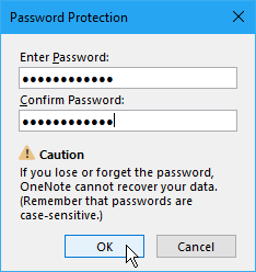 Paroolikaitse dialoogiboks OneNote 2016-s