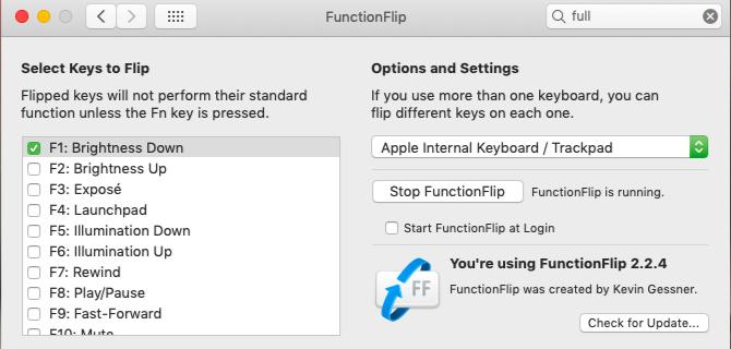 Rakenduse FunctionFlip seadetepaan MacOS-is