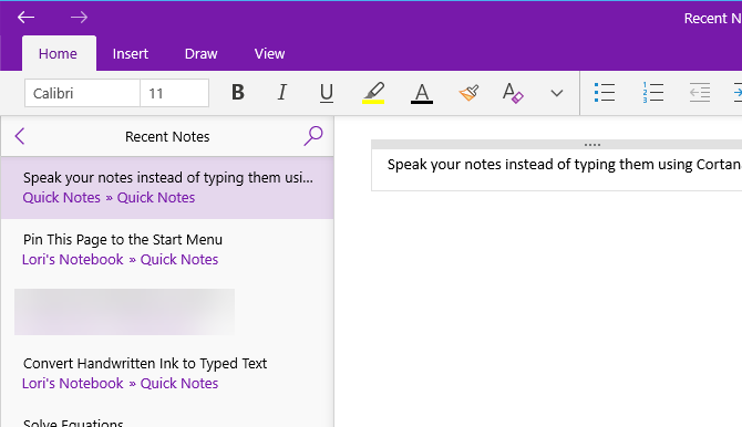 Märkme lisati OneNote'i, kasutades Cortana