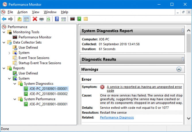 Windows 10 jõudlusmonitori diagnostikatulemused