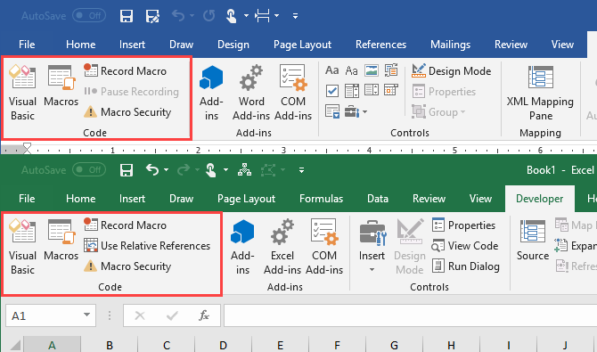 Koodi jaotis arendaja vahekaardil Microsoft Word ja Microsoft Excel