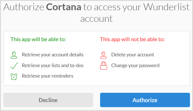 cortana autoriseerib wunderlist