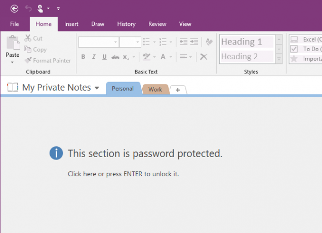 See jaotis on kaitstud rakenduses OneNote 2016