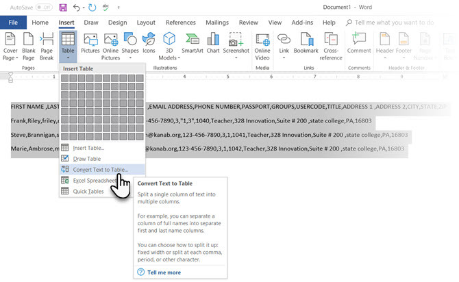 Microsoft Word teisendab teksti tabeliks