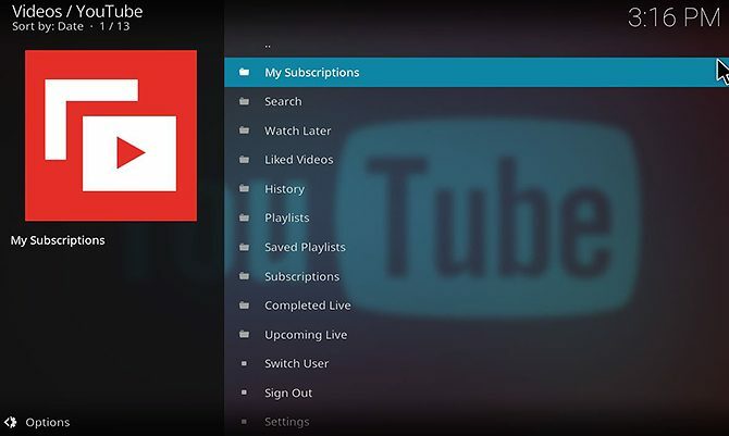 Kuidas installida ja kasutada YouTube Kodi lisandmoodulit - lisandmooduli avamenüüd