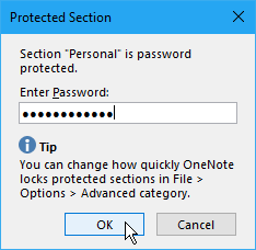 Kaitstud sektsiooni dialoogiboks OneNote 2016-s