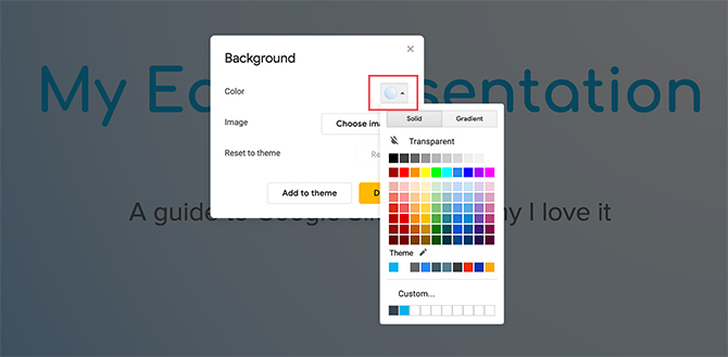 Kohandatud gradient Google'i slaidide taustvärvi tööriist