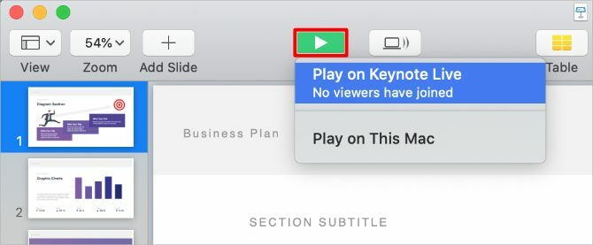 Keynote Play nupp koos valikuga Keynote Live