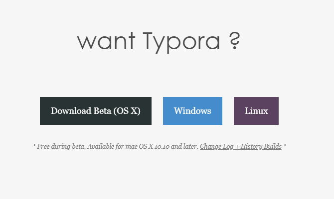 Typora veebisait, mis näitab Maci, Windowsi ja Linuxi versioone