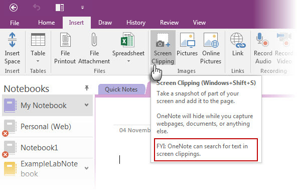 OneNote'i ekraanilõikamine