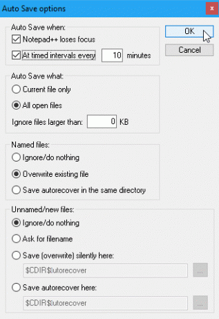 Dialoogiboksis Notepad ++ on automaatse salvestamise suvandid