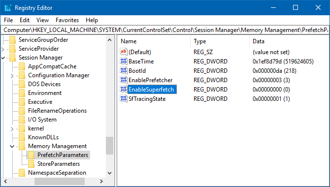 Windowsi registriredaktor EnableSuperfetch