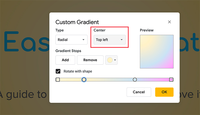 Kohandatud gradient Google'i slaidid muuda gradiendi positsiooni