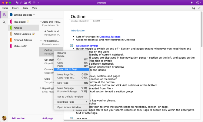 kopeerige link OneNote'i lehele