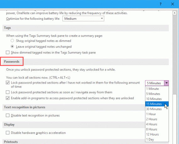 Paroolide valikud teenuses OneNote 2016