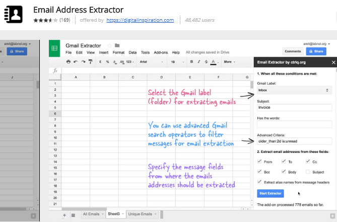 google sheet add-ons - e-posti aadressi väljavõte