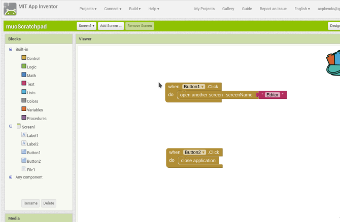 android loo rakenduse appinventor screen1 plokid