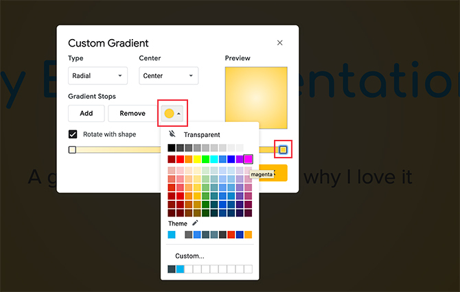 Kohandatud gradient Google'i slaidid muuda gradiendi peatust