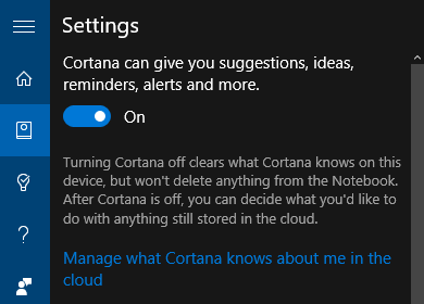 Windows 10 Cortana sätted