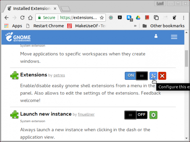 Laienduste haldamine veebisaidil GNOME Extensions