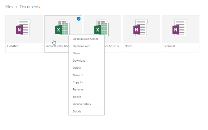 onedrive'i dokumentidel paremklõpsake