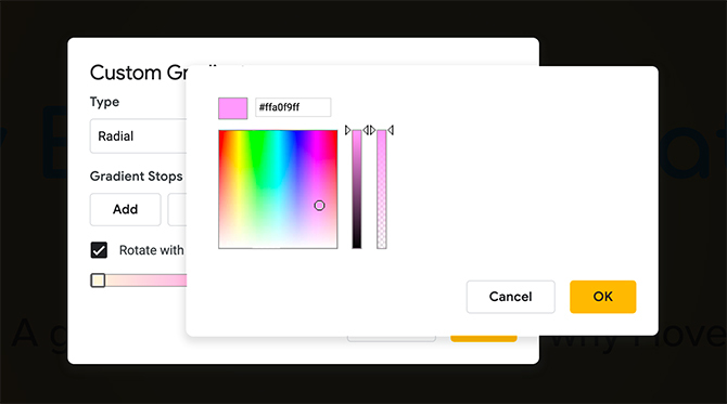 Kohandatud gradient Google'i slaidide värvivalija