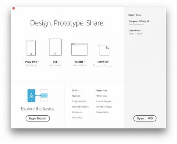 Adobe XD käivitusvalikud