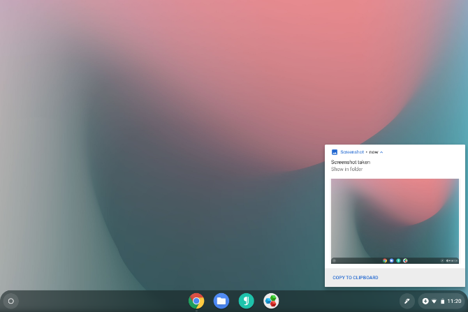 Chrome OS kuvab teatise pärast ekraanipilti