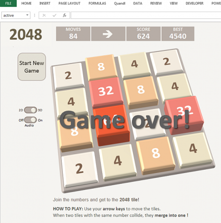 2048 Microsoft Exceli mäng