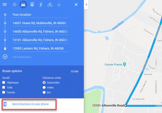 Google Maps saadab marsruudi telefoni