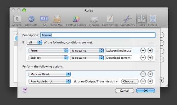Torrenti allalaadimise eemalt käivitamine e-posti teel [Mac] meilireegel