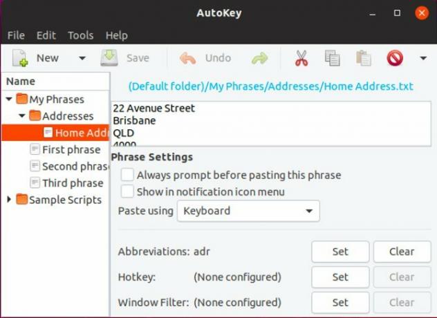 Katkendi seadistamine rakenduses AutoKey