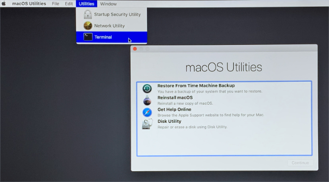 macOS-i taasterežiim, mis näitab menüüribal terminali