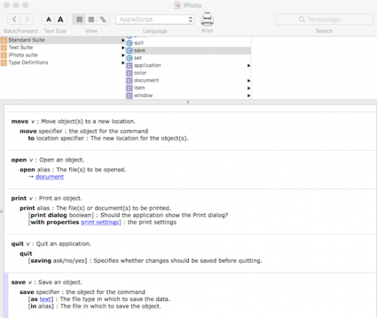 Apphlescripti käskude sõnastik iPhoto jaoks