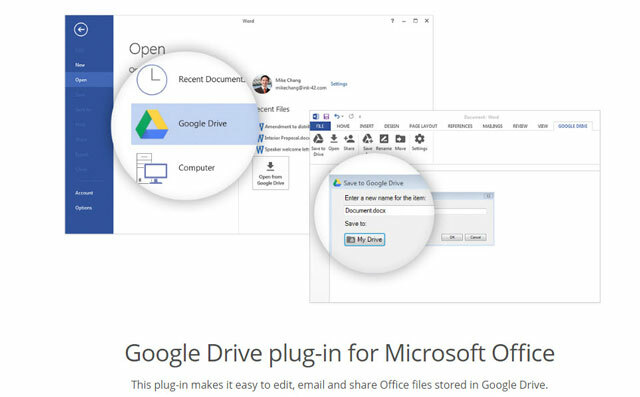 Google Drive'i pistikprogramm Office 2016 jaoks