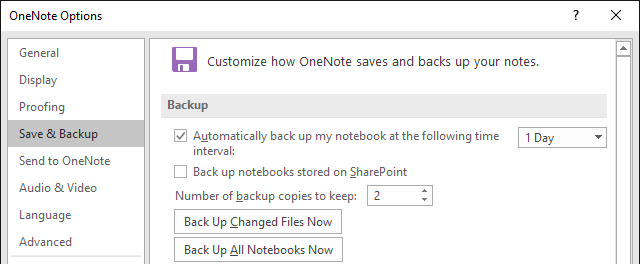 OneNote'i varundusvalikud